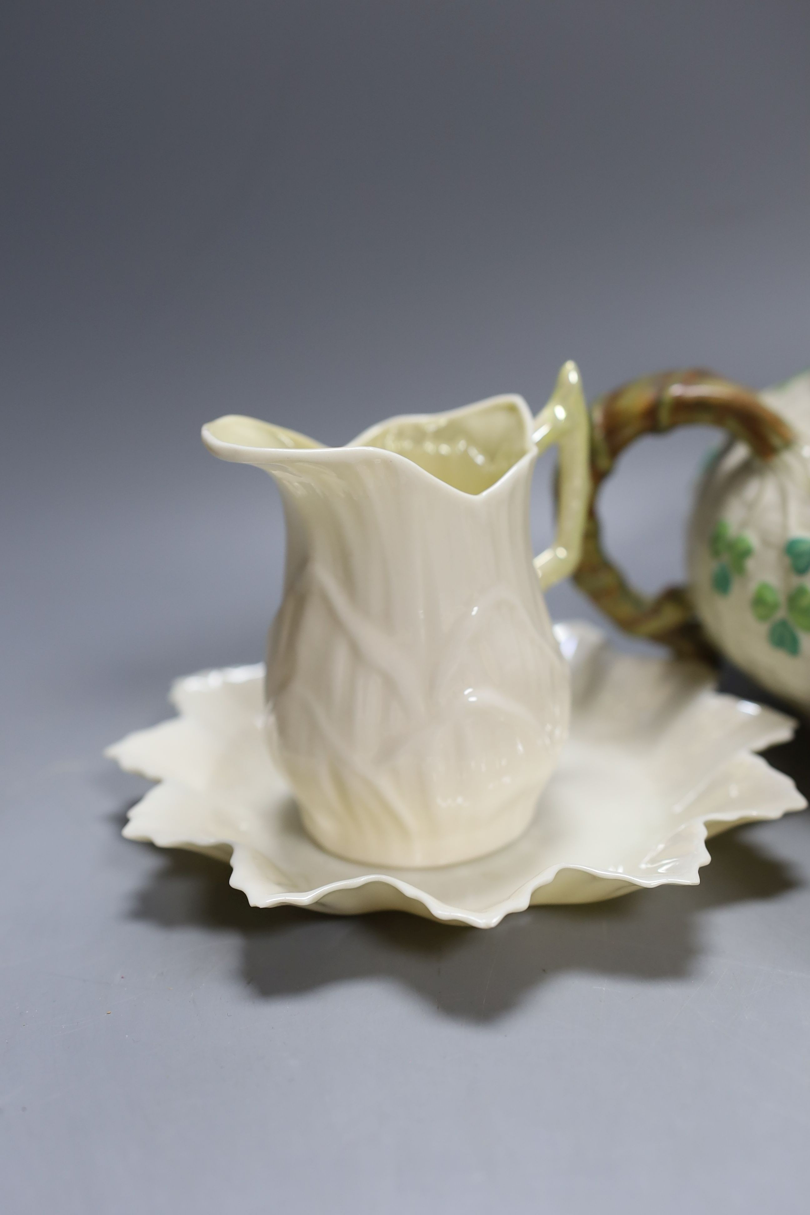 Matching Belleek sugar bowl milk jug and dish together with another Baleek cup and saucer and teapot (6)